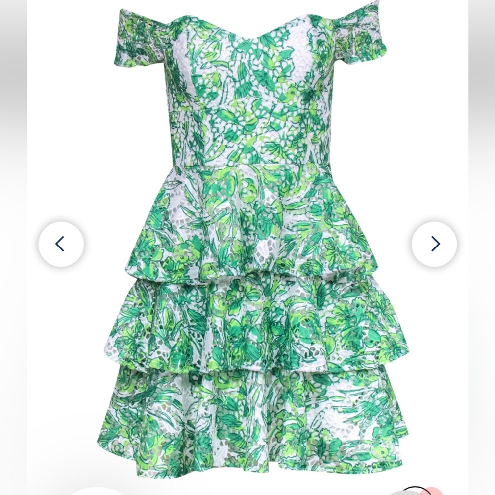 Lilly Pulitzer green/white leaf off the shoulder dress size 2